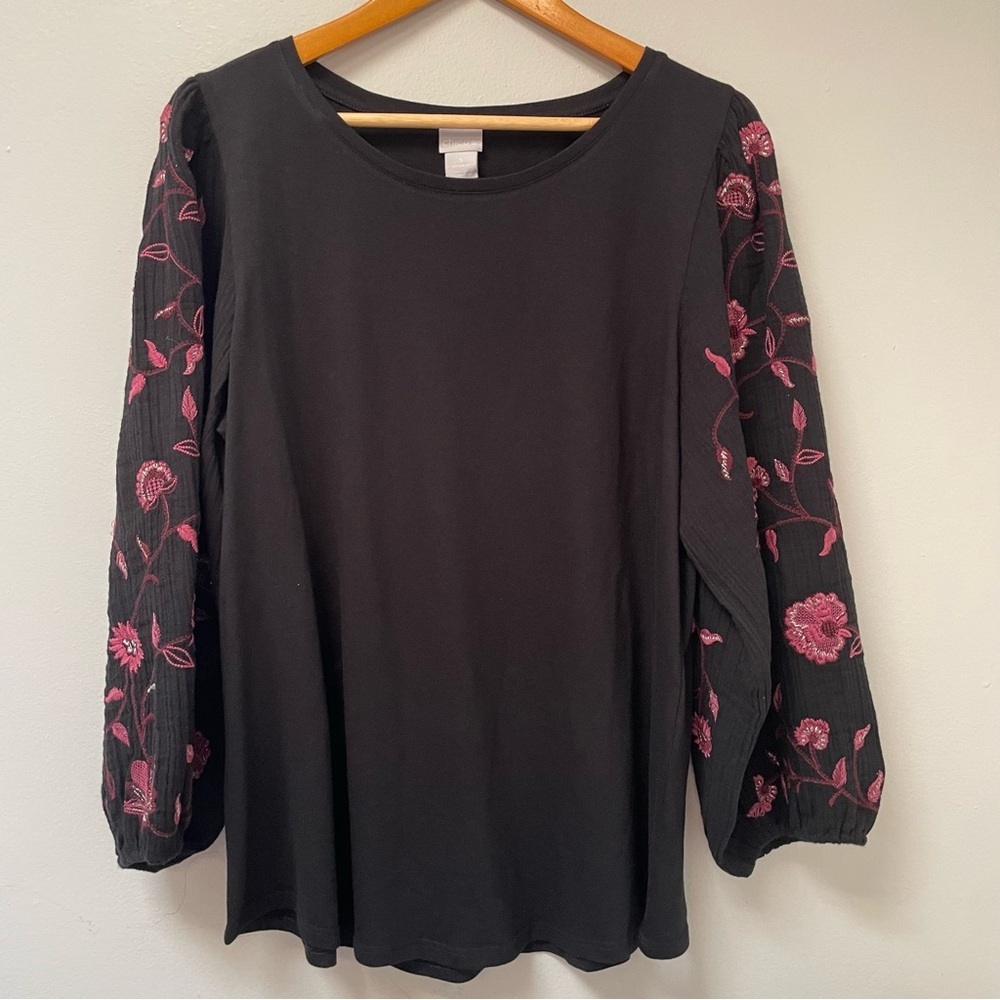 Chico's Black Top/Blouse with Embroidered Sleeve Top